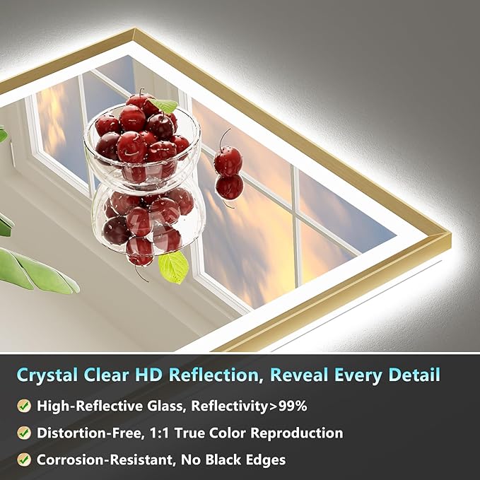 48x28 Gold Beveled LED Bathroom Mirror with Lights, Brushed Gold Framed Backlit and Front Lit Anti-Fog Lighted Vanity Mirrors for Bathroom Wall, Dimmable, 3 Colors, Memory, HD Tempered Glass