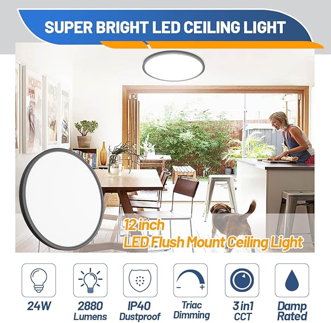 Allsmartlife Flush Mount Ceiling Light 2 Pack, Dimmable CCT 3000K/4000K/6500K Round Led Ceiling Light, 12 inch 24W Laundry Room Light Fixtures for Bedroom, Bathroom