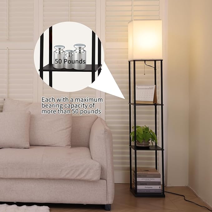 Floor Lamp with Shelves, Modern Square Standing Lamp with 3 Color Temperature Bulb, Corner Display Bookshelf Lamp for Living Room, Bedroom and Office (Black-2 Pack)