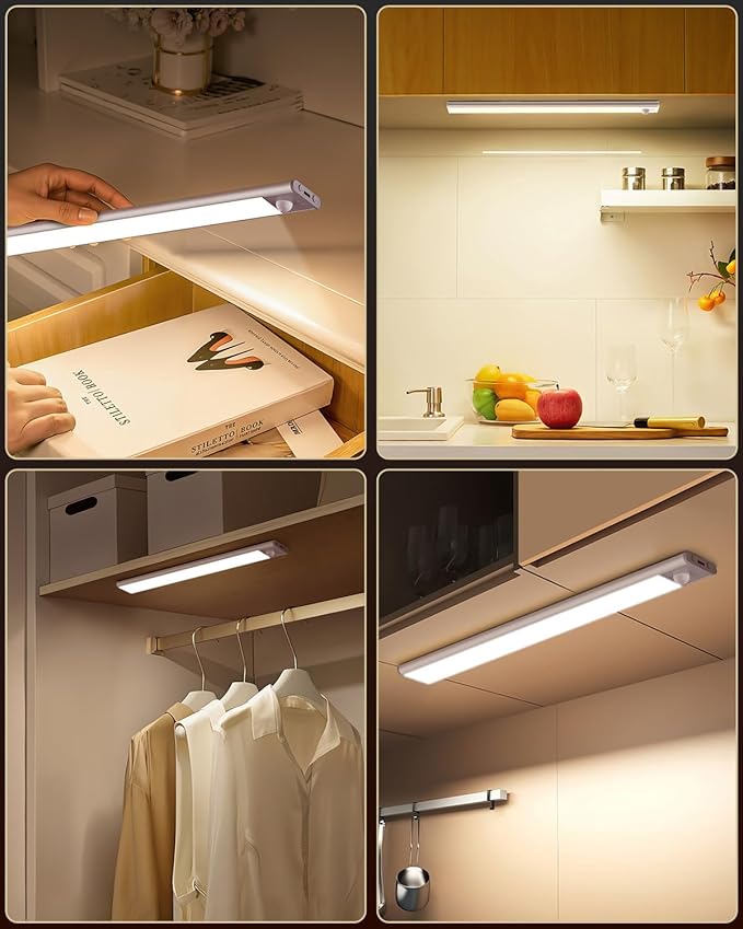 2 Pack 11.8" Motion Sensor Cabinet Light, Under Cabinet Lighting with 4 Modes (Auto Night/Day/Always On/Off), 3 CCT & Stepless Dimming, USB Type-C Charging, for Kitchen, Stairs