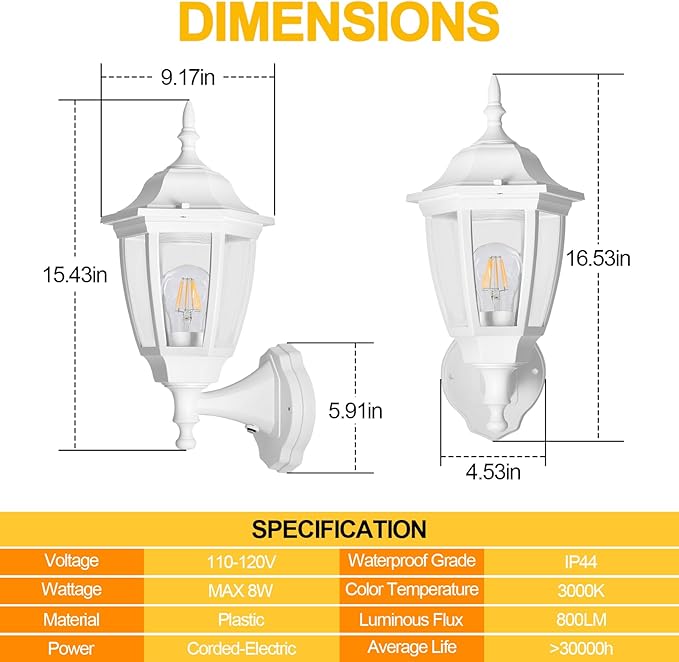 FUDESY Outdoor Wall Light Dusk to Dawn, Porch Sensor Light White Plastic Anti-Corrosion with LED Edison Filament Bulb, Exterior Mount Lantern for House, Garage (2-Pack)