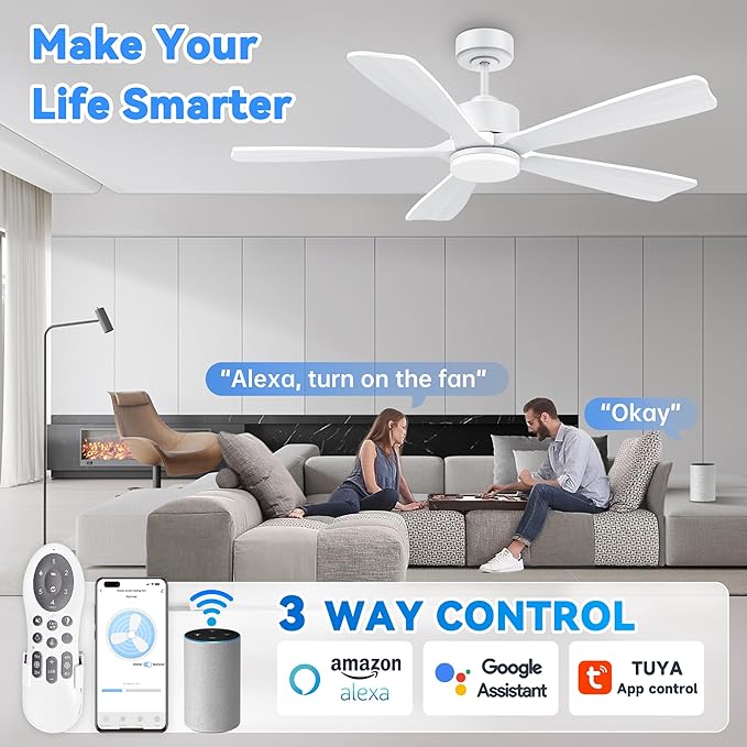 52 Inch Smart Ceiling Fans with Lights and remote,Eco-friendly wood ceiling fan Voice Control via WIFI Alexa App,Quiet DC Motor,Dimmable LED,Modern Ceiling Fan for Bedroom,Living Room,5 blade Fan