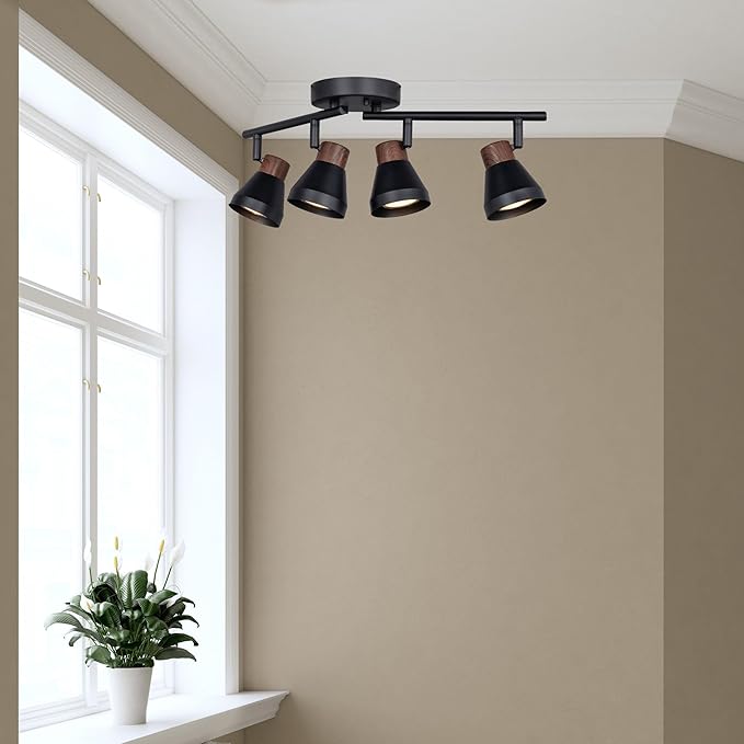 4 Light Modern Track Lighting Kit Black and Faux Wood Finish, Flexibly Adjustable Arm with Multi-Directional Ceiling Spotlight for Kitchen, Bedroom, Living Room,Ding Room Gu10 Not Included