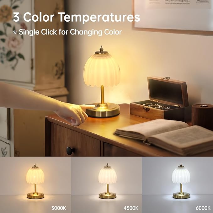 Set of 2 Tulip Table Lamp with 5200mAh Battery & Touch Control, Cordless Small Table Lamp with 3 Colors, Rechargeable Battery Operated Table Lamps for Nightstand, Bedroom (White Tulip)