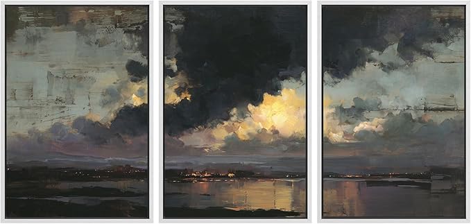 wall26 Framed Canvas Print Wall Art Set Moody Harbor Dusk with Storm Clouds Illustrations Modern Art Decorative Multicolor for Living Room, Bedroom, Office - 16"x24"x3 WHITE