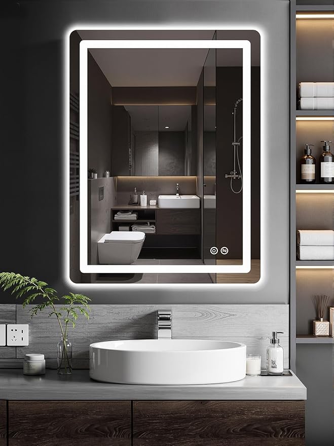 LED Bathroom Vanity Mirror 32"x24" with Lights, Front and Back Lit Wall Mirror, Anti Fog, Dimmable 3 Color Light, Memory Function, Shatterproof Glass, Plug in or Hardwired