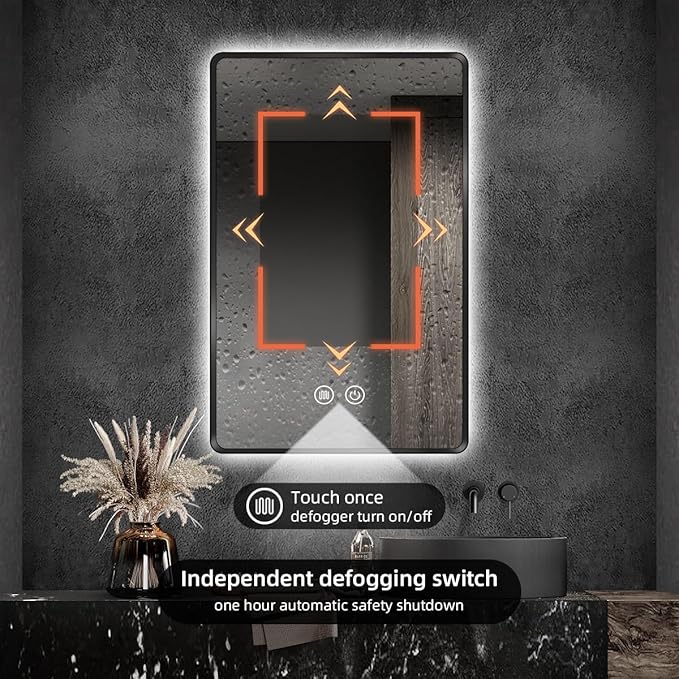 36"x24" Black Metal Framed LED Bathroom Mirror, Smart Bathroom Sensor Mirror with Backlit, Anti-Fog, Stepless Dimmable 3-Color, Lighted Vanity Wall Mirror, Rounded Corner