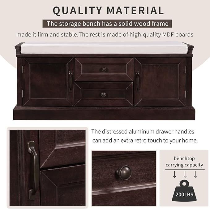 Merax Classic Wood Entryway Bench with Drawers and Seat Cushion for Hallway Front Door Espresso