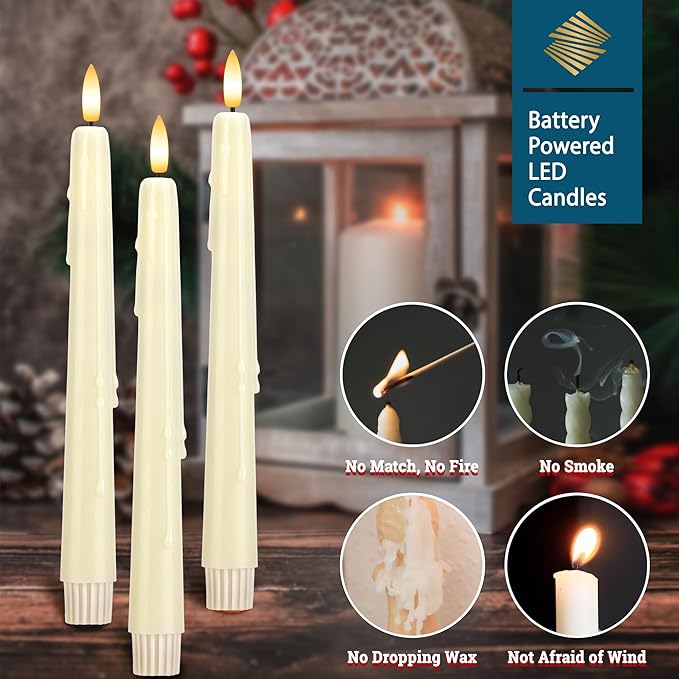 Dripless Flameless Taper Candles with Remote, Real Wax Battery Operated LED Candles Set with 3D Flickering Flame, 9.6" Realistic Dripless Candlesticks for Wedding Home Decor, 3 Pack Ivory