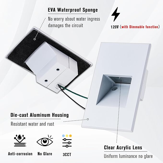 LED Outdoor Step Lights Indoor Stair Lights, 120V Dimmable 3000K/4000K/5000K 3 Color Selectable, 4W IP66 Waterproof, White Deck Lights for Steps Vertical, 3-Pack