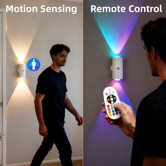 4 Pack Rechargeable Dynamic RGB LED Wall Lamp, Motion-Sensing Step Lights with Remote Control, 1200mAh Battery, Dimmable, Magnetic Mount for Staircase, Hallway, Bedroom, Kitchen, Bar