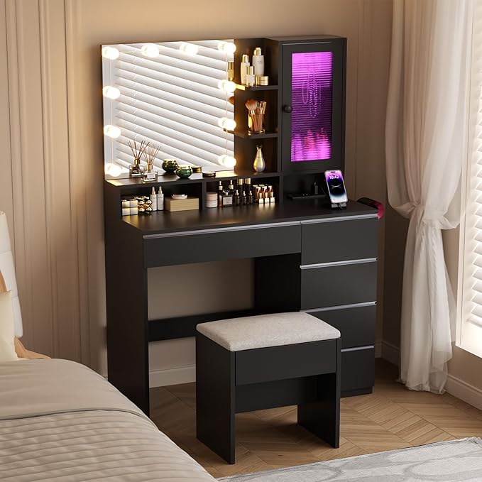 Vanity Desk with LED Lights Mirror, 35.43" Modern Makeup Table with 6 Storage Drawers & Stool for Ladies and Girls, RGB Light Makeup Desk with Power Outlet for Bedroom Dressing Room, Black