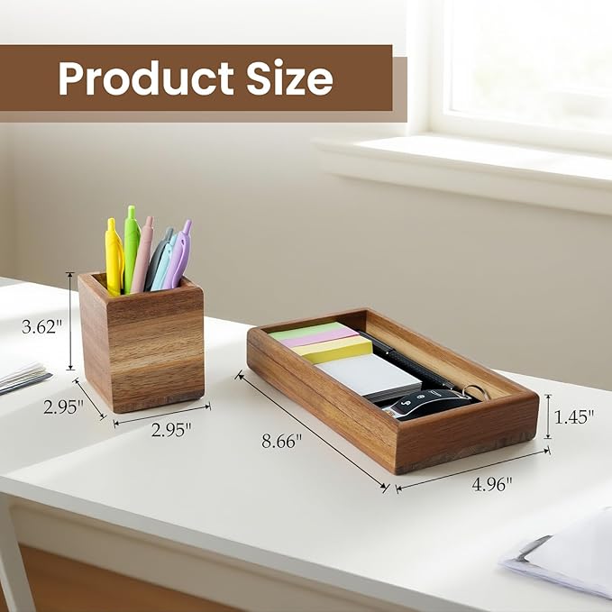 Wooden Pencil Holder with Desk Drawer Organizer Tray, Silicone Anti-Slip Pen Holder Set Aesthetic Desk Accessories for Office Home Supplies