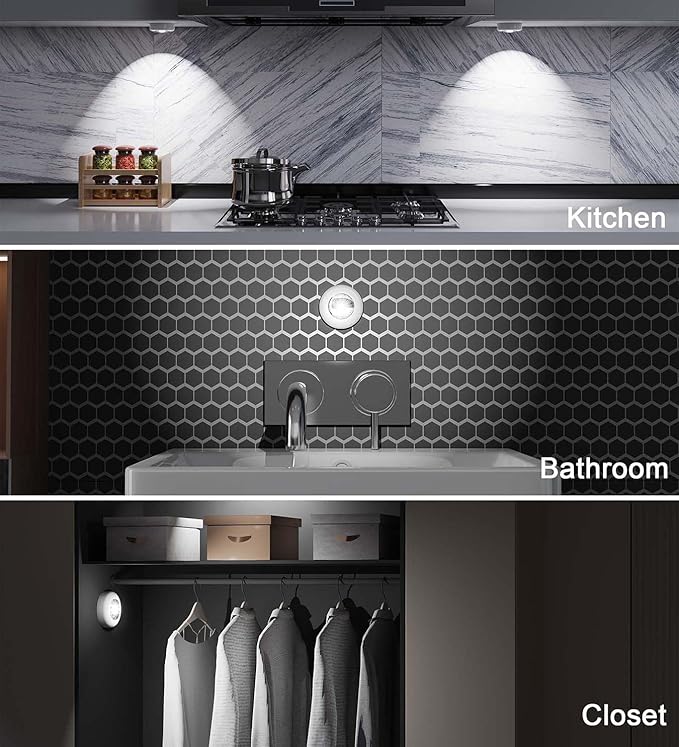 Tap Light Push Lights, Under Cabinet Lights Touch Lights Push Button Light Battery Operated Puck Lights Stick On Light for Closet Counter Kitchen Cabinet RV -5Pack