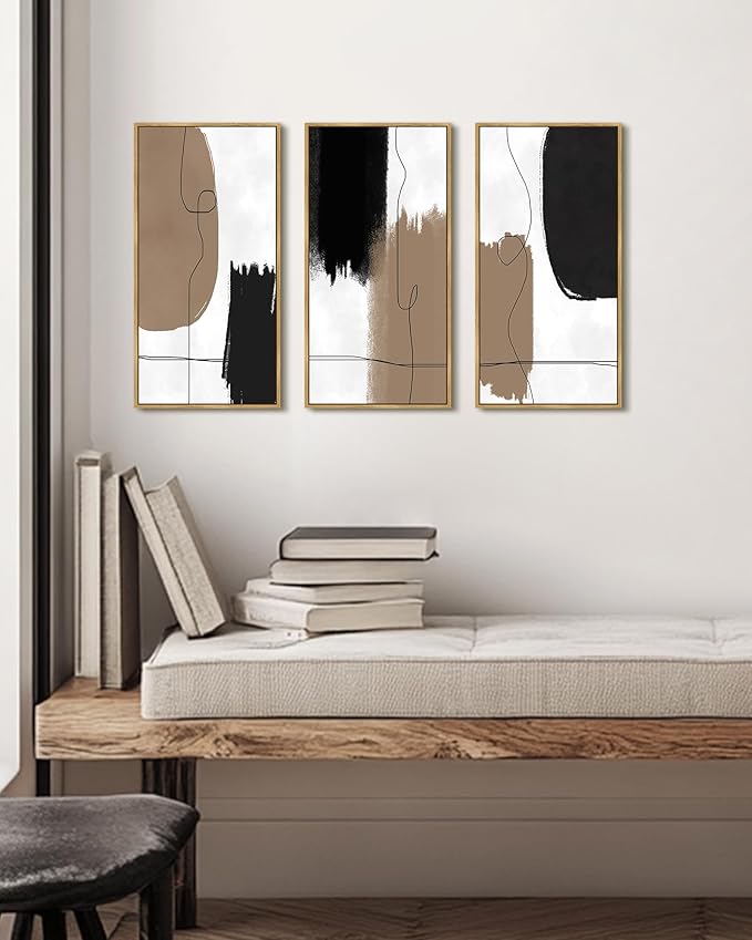 KUVIOKE Abstract Wall Art Minimalism Color Blocks Illustrations Modern Minimalist Painting Artwork for Living Room Bedroom 8x16in3pcs Natural Framed