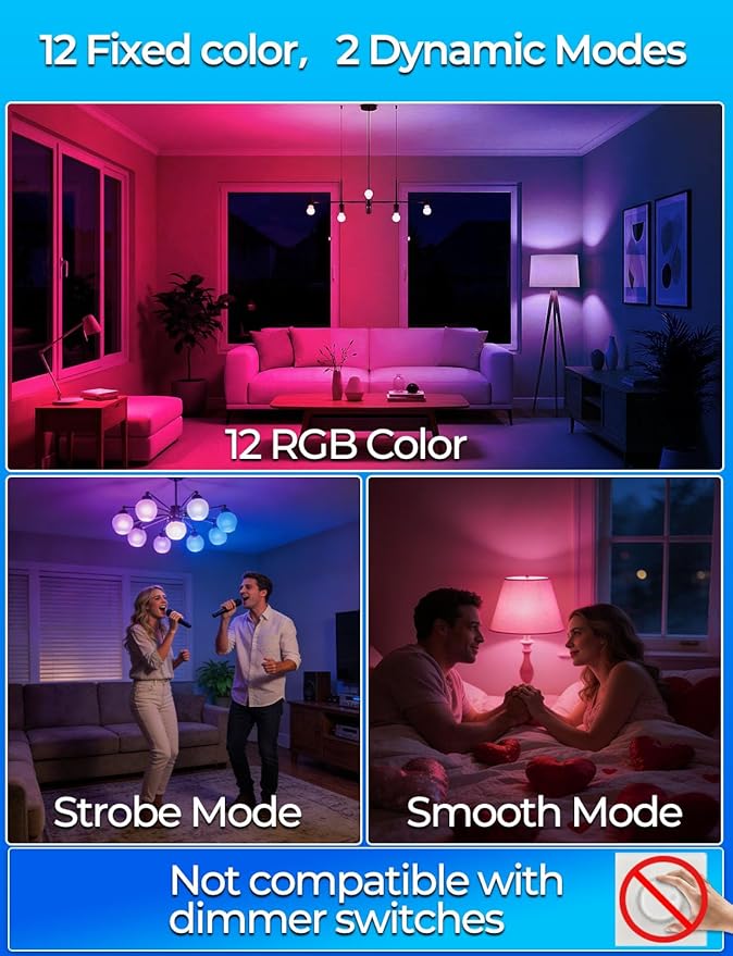 ILC RGB LED Light Bulb, Color Changing Light Bulb, 40W Equivalent, 450LM, 2700K Warm White 5W E26 Screw Base RGBW, 12 Color Choices - Timing Infrared Remote Control (8 Pack)