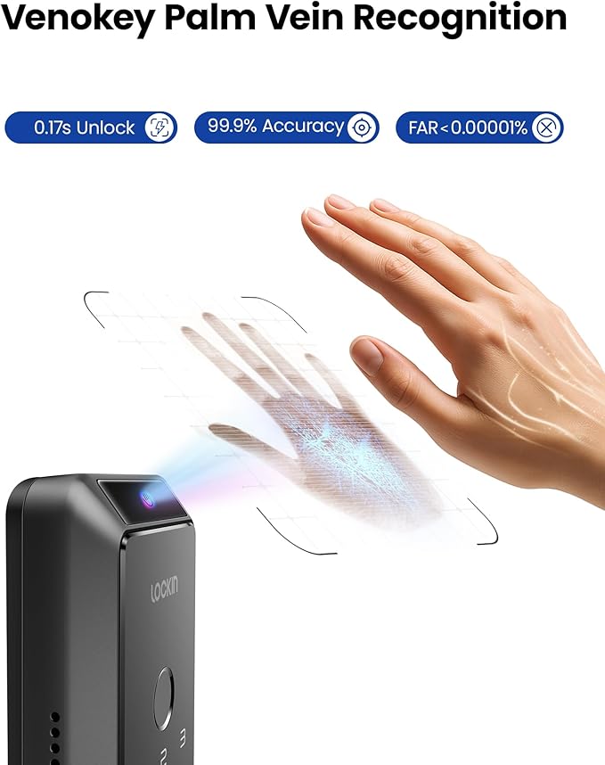 Lockin Veno Palm Vein Smart Lock with Built-in Wi-Fi, 7-Month Battery, Matter Compatible, Palm Vein & Fingerprint Unlock, Keyless Entry, App Control, Auto-Lock, PIN Code, ANSI Grade 2, IP65 Waterproof