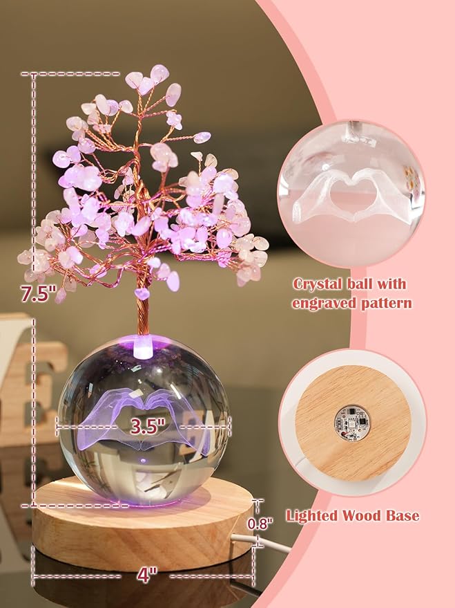 Rose Quartz Crystal Tree of Life for Positive Energy, Chakra Healing Tree with Remote Control Multicolor Night Light for Room, Office, Desk Decor, Pink Gift for Women, Girls (Heart Hands)