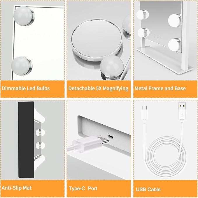 Vanity Mirror with Lights, Hollywood Lighted Makeup Mirror with 3 Color Lighting Modes and 12 Dimmable Bulbs, Detachable 5X Magnification, Smart Touch Control, 360°Rotation, White