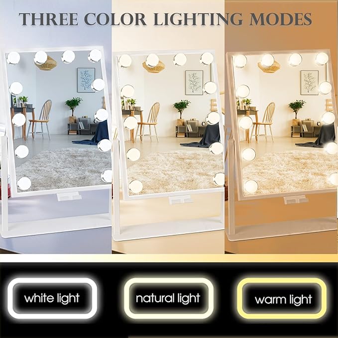 Vanity Mirror with Lights, Hollywood Lighted Makeup Mirror with Phone Holder, Smart Touch Control, 3 Color Lighting Modes, Detachable 10X Magnification, 360°Rotation(White)
