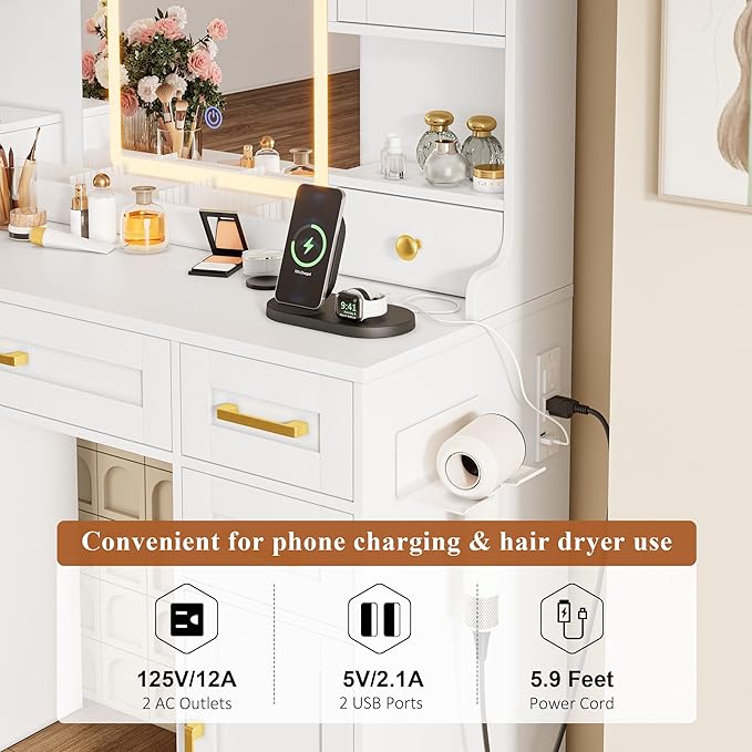 NUNU LAB Large White Vanity Desk with Mirror and Lights with 7 Drawers, Women Makeup Table with Power Outlet, 3-Color Adjustable Lighting for Bedroom Brown