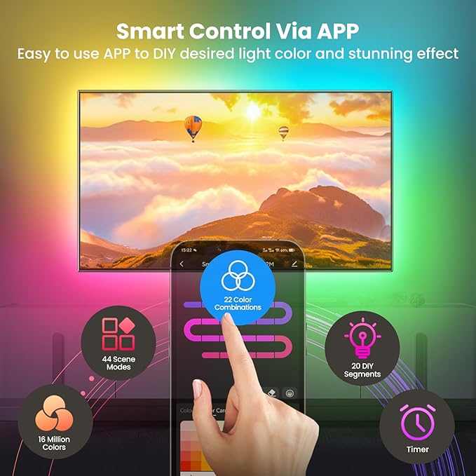 16.4ft LED Lights for 50-75 Inch TV, RGB+IC TV Lights Backlight Strip Behind, with 44 Scene Modes, Bluetooth APP and Voice Control, Music Sync Smart Ambient Lighting for Gaming, Bedroom, Living Room