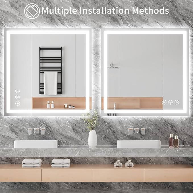 Koonmi 30x30 LED Bathroom Mirror, Backlit + Front Lit, LED Bathroom Mirror with Lights for Wall, 3 Colors, Anti-Fog, Dimmable Brightness, Memory Function, Tempered Glass