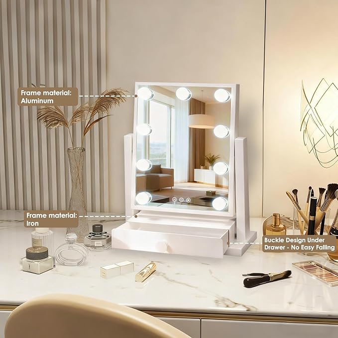 Vanity Mirror with Lights, Vanity Makeup Mirror with 9 Dimmable LED Bulbs, 3 Color Lighting Modes, Detachable 5X Magnification, LED Vanity Mirror with Drawer, Smart Touch Control,White