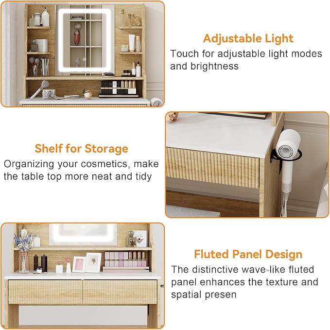 YOURLITE Fluted Makeup Vanity Desk with Mirror and Lights, 31.5" Small Vanity Table Set with LED Mirror & Stool, Dressing Table for Bedroom