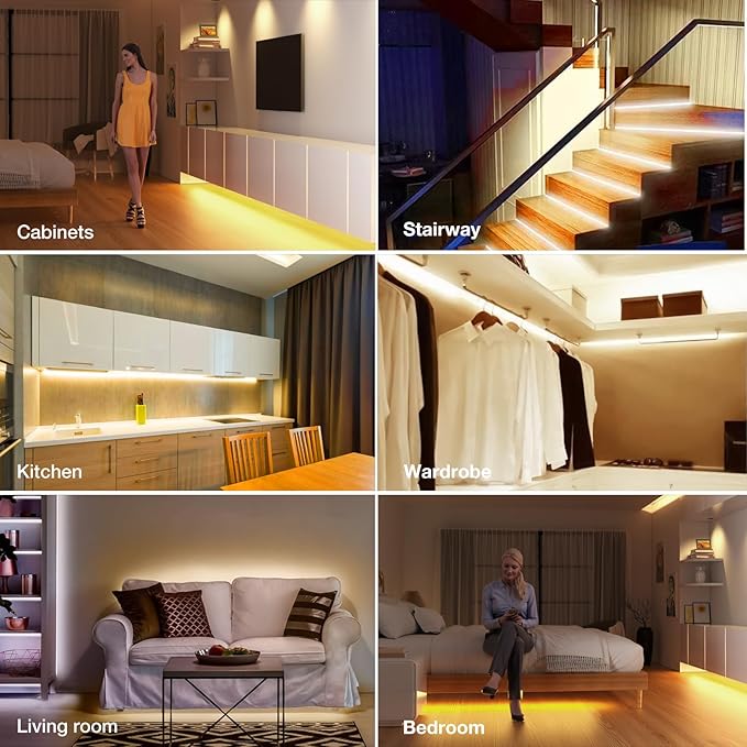 Sensky Dimmable PIR Motion Sensor LED Under Cabinet Lighting Kit Extendable Under Counter LED Light with Motion Sensor for Gun Safe Lighting,Shelf,TV Wall Lighting,Mirror,Bedroom(8.2FT,2800-3200K)