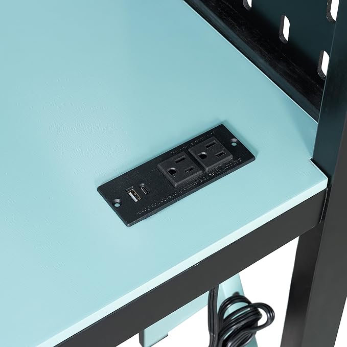 MERITLINE Ultimate Gaming & Study Loft Bed: Full Size Wood Frame with Integrated Desk, RGB Lights, Charging Station, Bookshelf & Pegboard (Black+Blue)