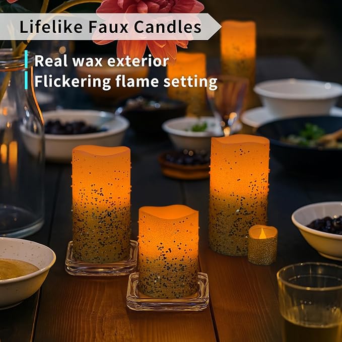 FURORA LIGHTING Gold Glitter LED Candles with Remote and Timer, 4 Pillars and 4 Votives Pack of 8, Real Wax Flameless Flickering Candles for Home Décor, Battery Included