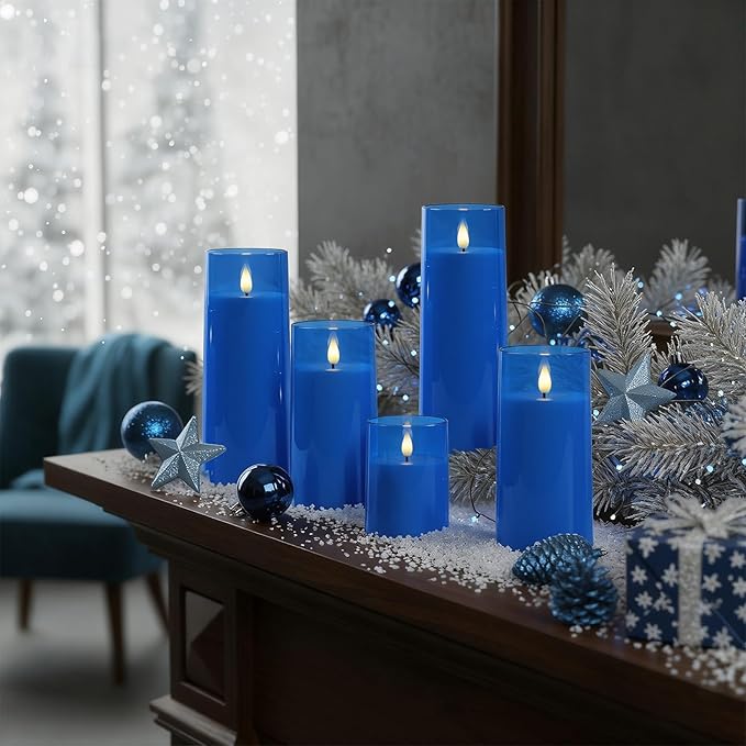 Raycare Flameless Candles Battery Operated with Remote Timer, Acrylic Flickering LED Pillar Candle for Christmas Decoration, Home Decor, Gift for Family and Friend, Blue, Set of 5