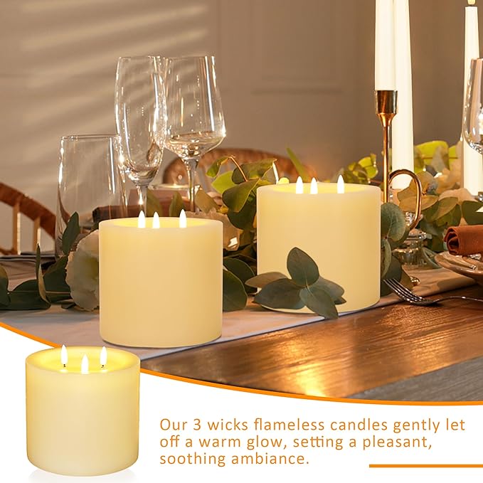 Extra Large Flameless Candles with 3 Wicks, 6"x6" Real Wax Battery Operated Candles with Remote and Timer, Flickering LED Candles Fake Candle for Home, Wedding, Party, Ivory