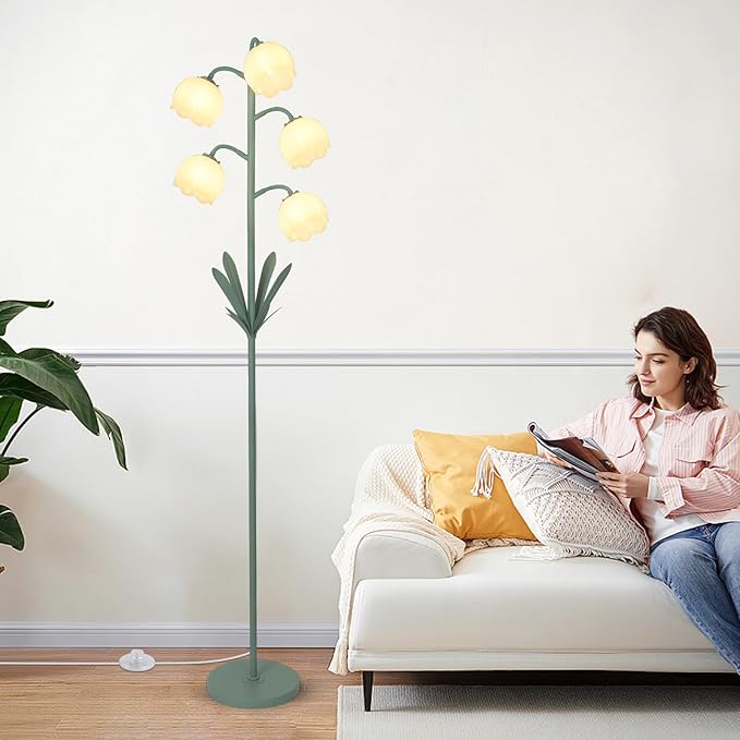 5-Lights Flower Floor Lamp with LED Blubs, Green Modern Floor Lamps for Living Room, Adjustable Standing Lamps for Bedroom Reading, Corner Tall Lamp Tree Stand Up Lamp for Office Home Decor