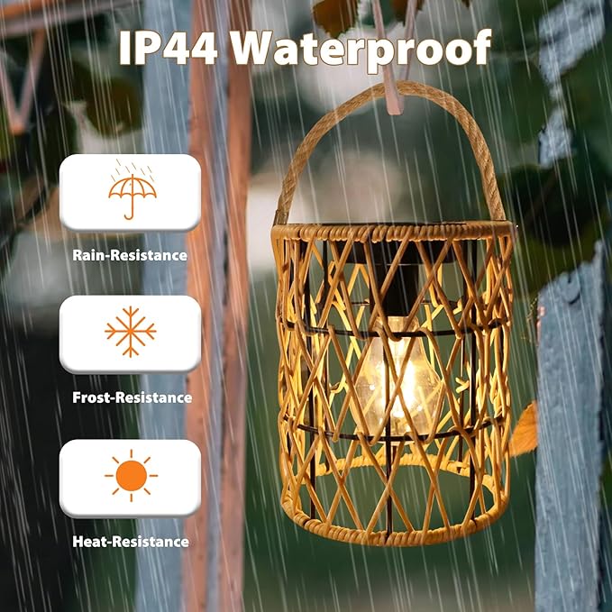 Hanging Solar Lanterns Outdoor Waterproof, 2 Pack Rattan Solar Hanging Lights, Outdoor Lamp Decorations for Yard Garden Pathway Patio Pathway Proch Table Decor