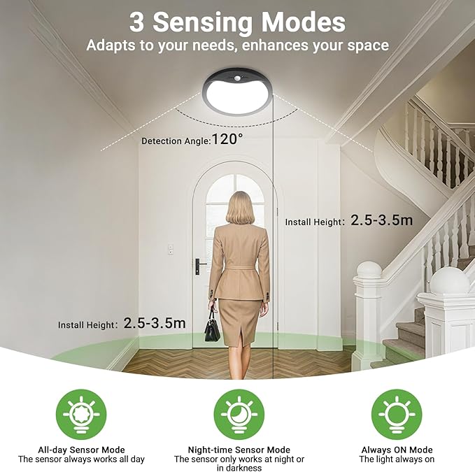 zemty 12inch Motion Sensor Ceiling Lights Wired, 24W 2400lm 3CCT/3 Mode/30-120s Timer, Bright Black LED Flush Mount Light Fixture Motion Activated for Closet Pantry Hallways Stairwells Garage