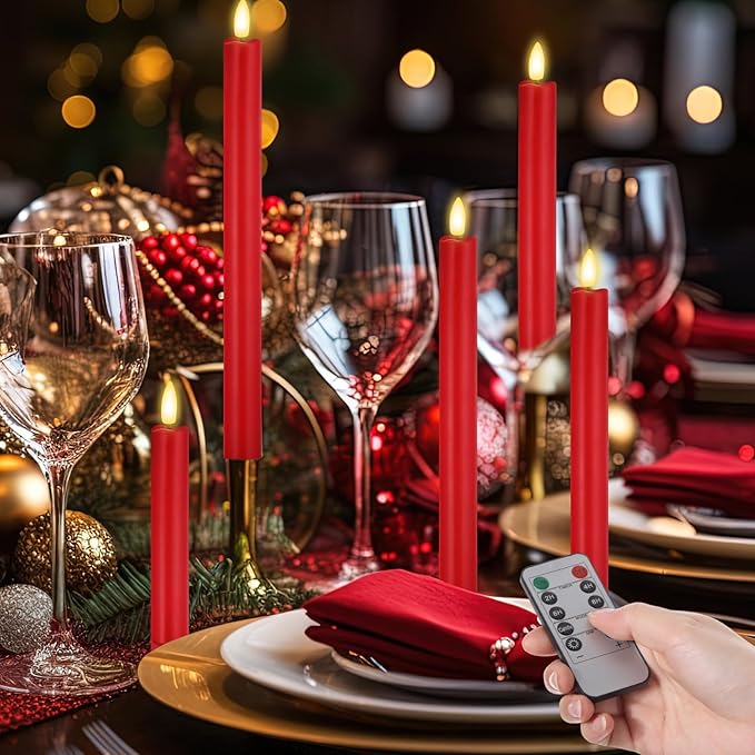 10 Pcs Flameless Taper Candles with Remote Battery Operated Taper Candles Include 6.5'' 7.7" 8.9" 10" 11.2" Fake LED Electric Candle Sticks for Valentine's Day Home Wedding Decor (Red)