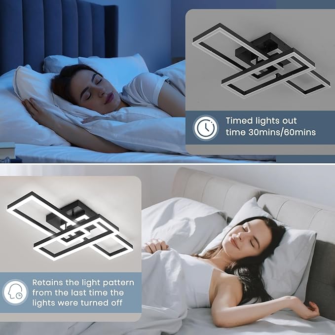 Modern Led Ceiling Light Fixtures, Black Flush Mount 3-Square Ceiling Light with Remote Control&APP, Dimmable, 40W Acrylic for Bedroom, Kitchen, Dining Room