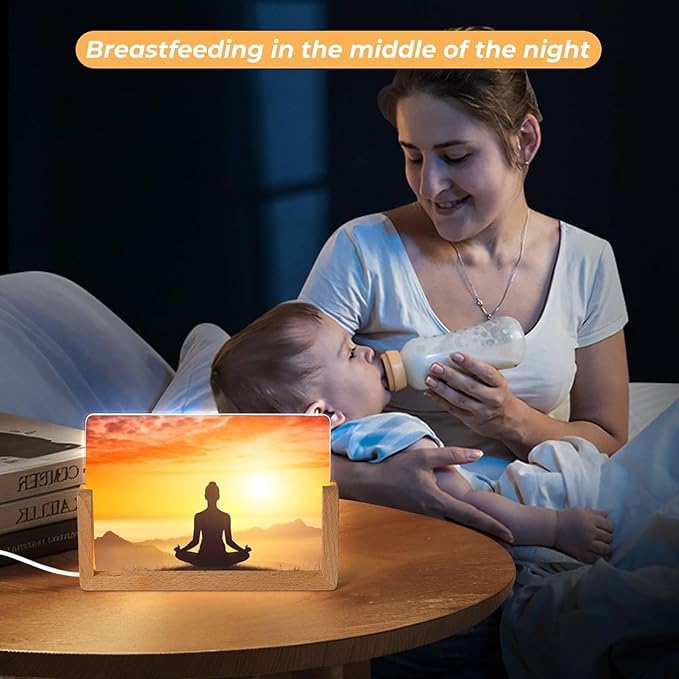 Night Light Acrylic Night Lights with USB Cables Yoga Meditation Acrylic Display Boards with Wooden Light Base Dimmable Night Lights for Home Bar Cafe Office 10.3x15.5cm