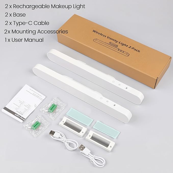 2 Pack Wireless Makeup Light Bar, Rechargeable Vanity Lights for Mirror with 3 Color Modes, Bathroom Magnetic Stick on Mirror Light, Gift for Women