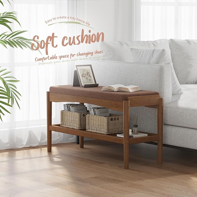 Shoe Bench Entryway Bamboo 2-Tier Shoe Rack with Cushion Padded Seat Shoe Bench Organizer Stable for Hallway, Living Room, Bedroom (31.5 * 11.4 * 16.5IN, Brown-Brown)