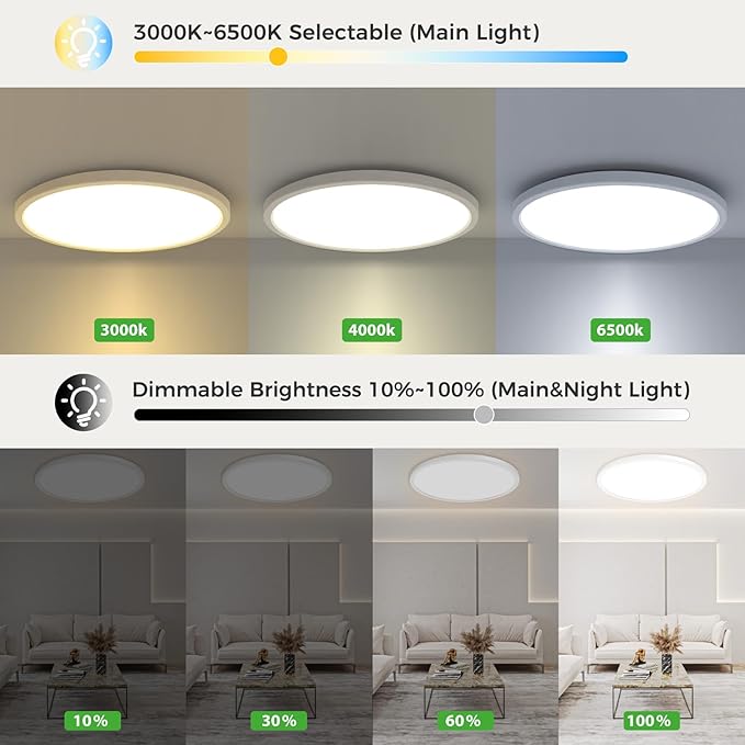 zemty 12 Inch LED Ceiling Light with Night Light 1800K, 2 Pack Dimmable Ceiling Light Fixtures with Remote Control, Low Profile Lighting for Bedroom, Living Room, Kitchen-White