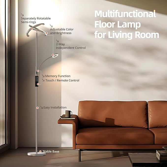 FIMEI Split Floor Lamp Modern LED Rotatable Floor Lamp with Reading Light, Eye-Protection Reading Standing Lamp with Stepless Dimming and 3000K-6000K Color, Separately Rotatable Design, Gray