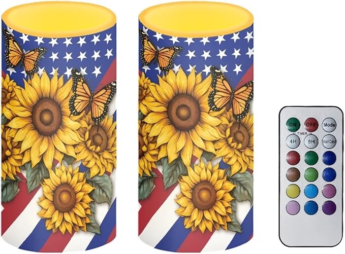 Independence Decorations Indoor Candles with Butterfly Sunflower American Flag Flameless Candles with Remote and Timer Set of 2 Battery Operated LED Candles for Festival Gift Home Room Decor