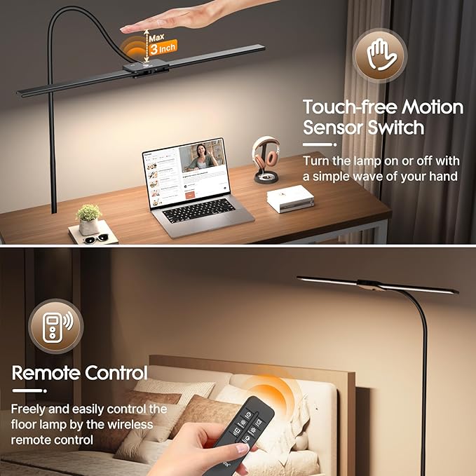 Syrinx LED Floor Lamp, 14W 2000LM Bright Reading Floor Lamp for Office, Gesture & Remote Control, Dual Head Goose-Neck Standing Lamp, Dimmable Brightness & Color Temp, Eye Caring Light for Living Room
