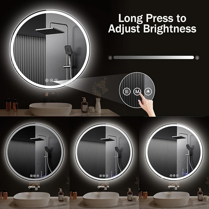 LED Bathroom Mirror 26 Inch Round Bathroom Mirror with Lights, Circle Wall Mirror with 3 Colors Brightness, Anti-Fog for Bathroom Vanity, Entryway Living Room