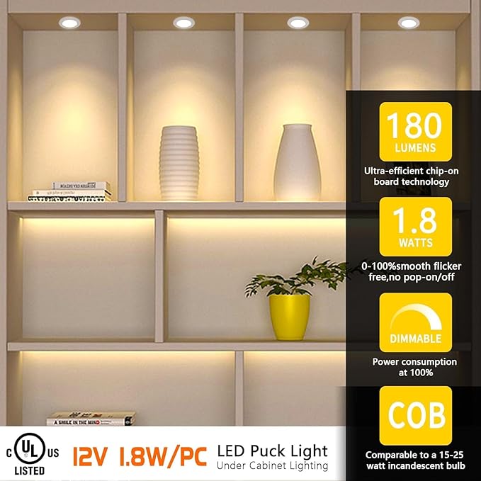 VST Smart Under Cabinet Lighting Work with Alexa Google Home Assistant App Remote Control, Recessed or Surface Mount 12V 2W/pc Puck Light for Kitchen Under Counter, Display Case, 10 Pack 3000K~6000K