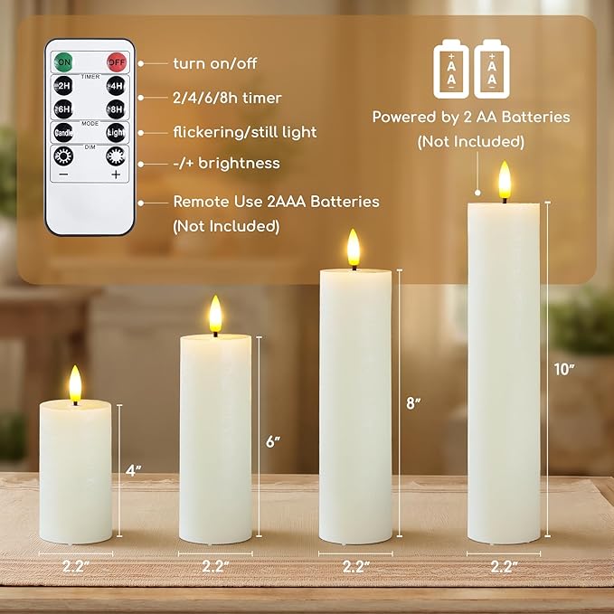 Flameless Real Wax Pillar LED Candles with Remote Control, Battery Operated Cycle Timer Ivory Pack of 4 Flickering 3D-Wick Warm Light for Indoor Home Decor (2.2" x 4" 6" 8" 10")