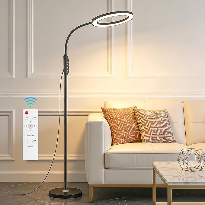 Bright 24W Dimmable LED Floor Lamps with Remote Adjustable Gooseneck Standing Light for Reading Makeup Tattoo Lash Extensions Black Modern Smart Tall Lamp Living Room Bedroom Office